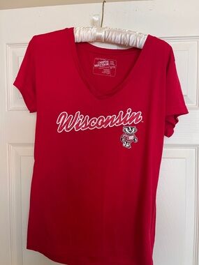 Campus Heritage Red Wisconsin V-Neck Tee with Bucky Badger Graphic